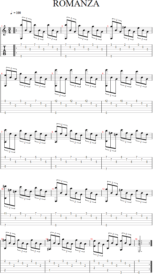 Tablature for Classical Guitar Solo: Romanza - Part 1