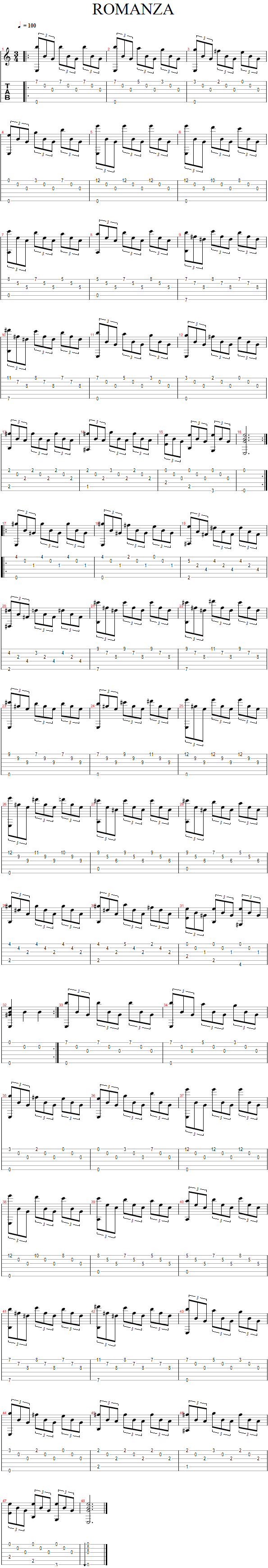 Tablature for Classical Guitar Solo: Romanza - Solo